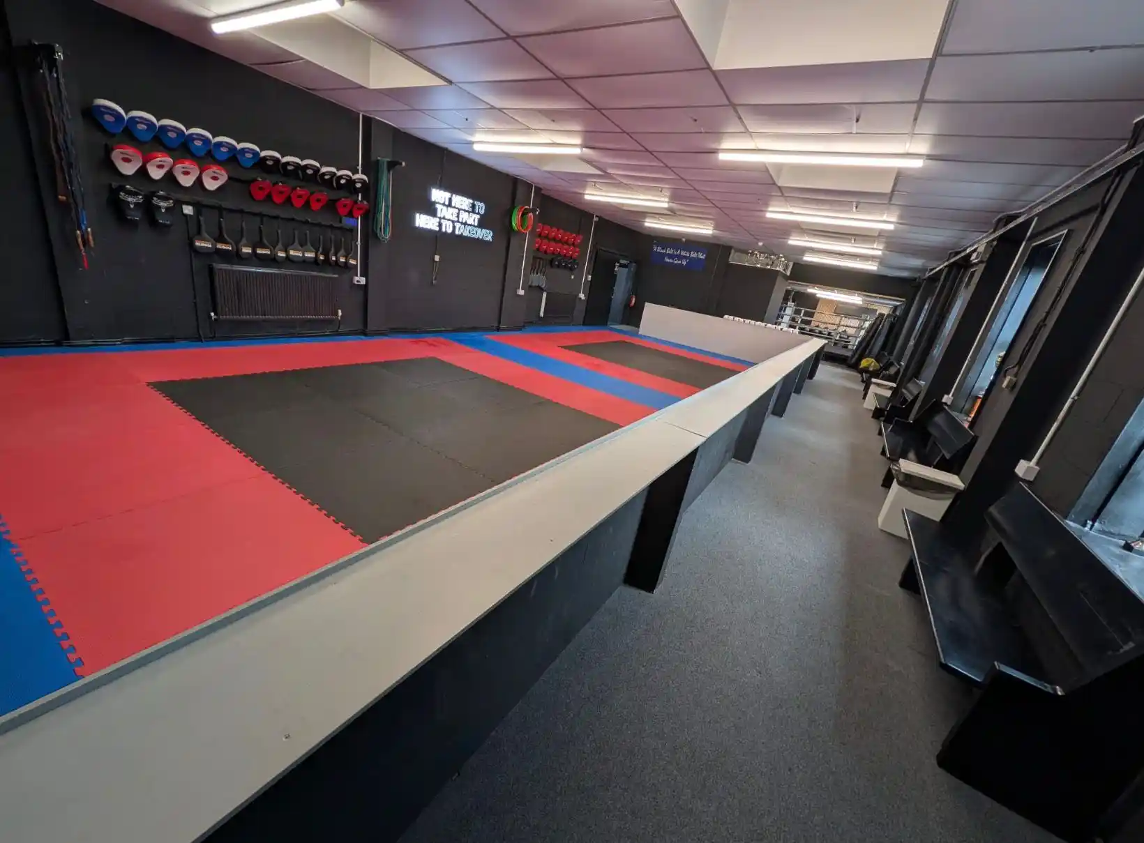 Inside the Rock Steady training facility and martial arts mats at Phoenix House in Denton.